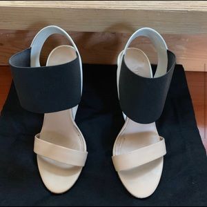 Vince Ivory Tan Black Leather Fabric Slingback Sandals Heel